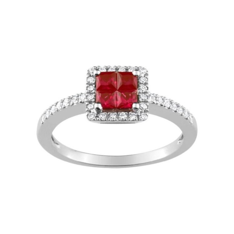 ANILLO DE COMPROMISO ORO BLANCO, RUBÍ Y DIAMANTES