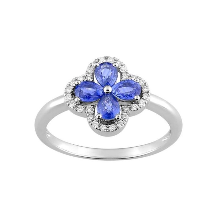 ANILLO DE ORO BLANCO, ZAFIRO AZUL Y DIAMANTES