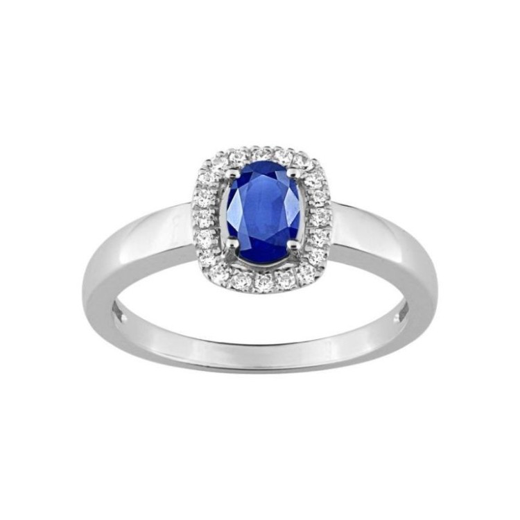 ANILLO DE ORO BLANCO, ZAFIRO AZUL Y DIAMANTES
