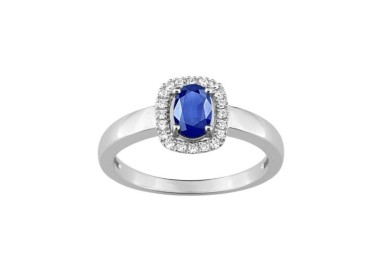 ANILLO DE ORO BLANCO, ZAFIRO AZUL Y DIAMANTES
