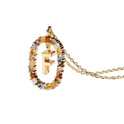 COLLAR LETRA F BAÑO ORO PIEDRAS COLORES