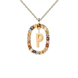 COLLAR LETRA P BAÑO ORO PIEDRAS COLORES