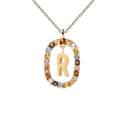 COLLAR LETRA R BAÑO ORO PIEDRAS COLORES