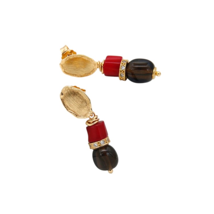 PENDIENTES ETNIA CUARZO FUMÉ Y CORAL