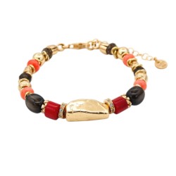 PULSERA ETNIA CUARZO FUMÉ Y CORAL