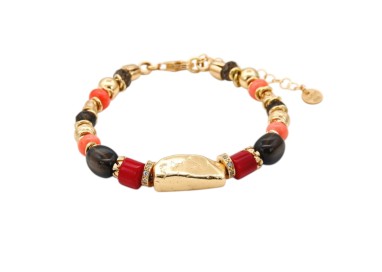PULSERA ETNIA CUARZO FUMÉ Y CORAL